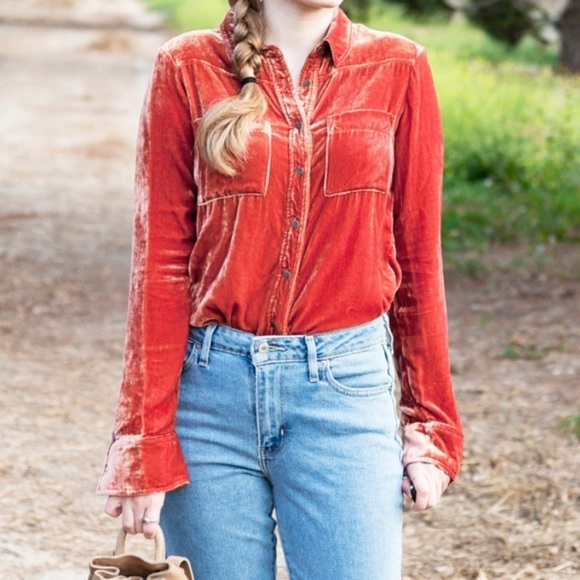 Anthropologie Holding Horses Rust Orange Crushed Velvet Silk Button Down Size S - Picture 13 of 15